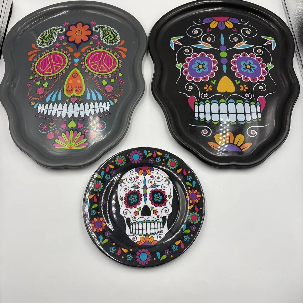 Melamine Set of Day of the Dead Muertos 1 Plate & 2 Platters Skull